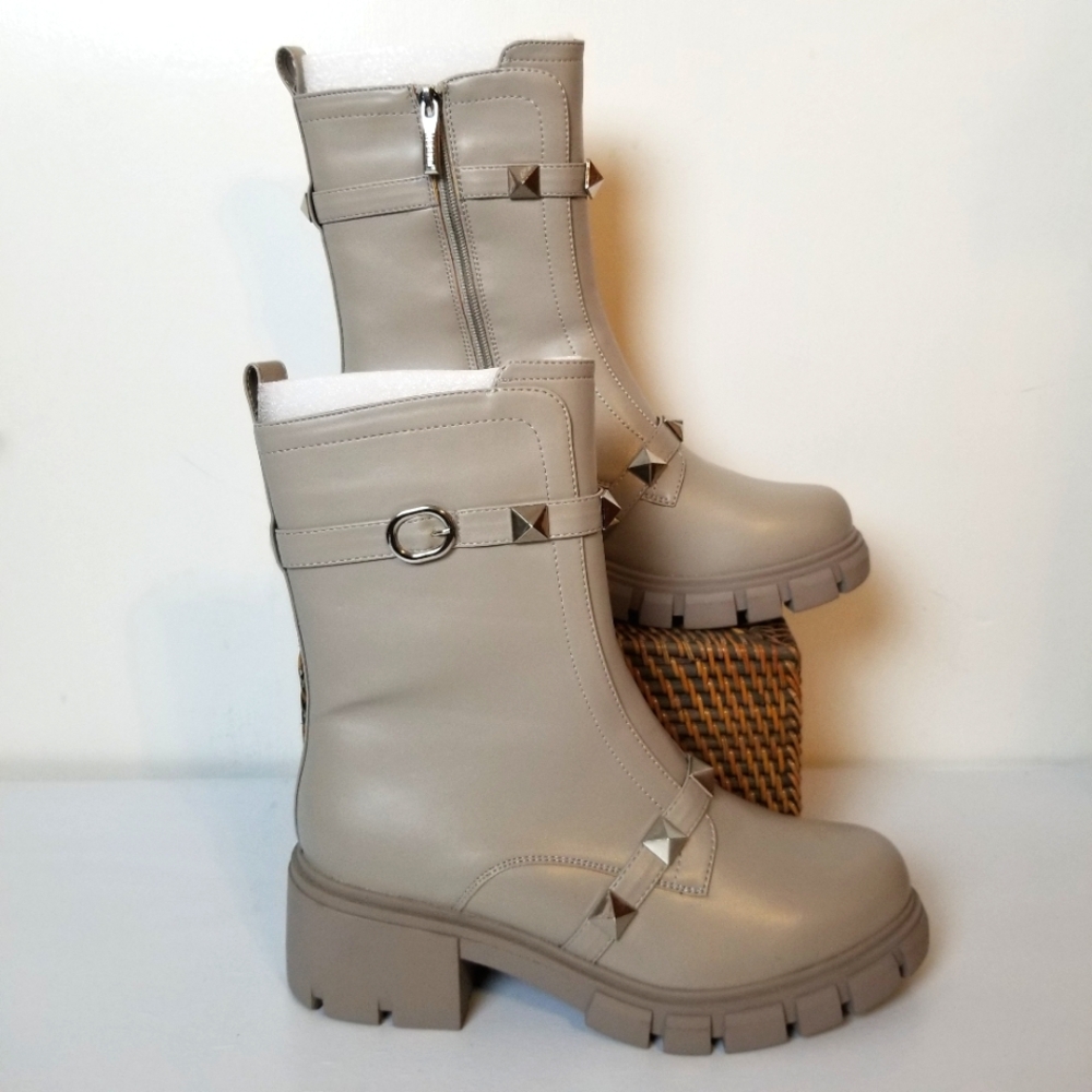 Cape Robbin Yuri Grey Gold Embellished Buckle Strap Block Chunky Heel Moto Boots